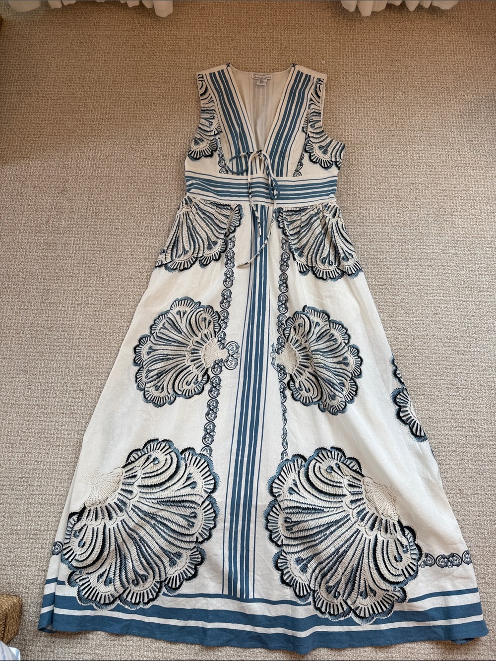 Christian Lacroix White Linen Maxi Dress with Blue Coastal Shell Motif - Picture 3 of 9